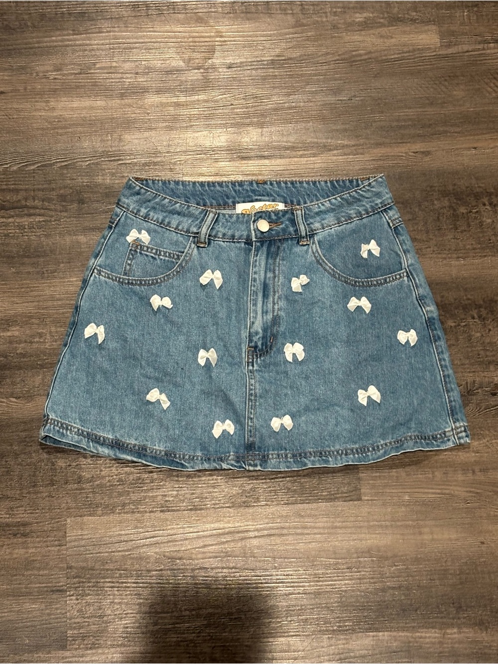 Denim Mini Skirt with White Bow Embroidery - Women
